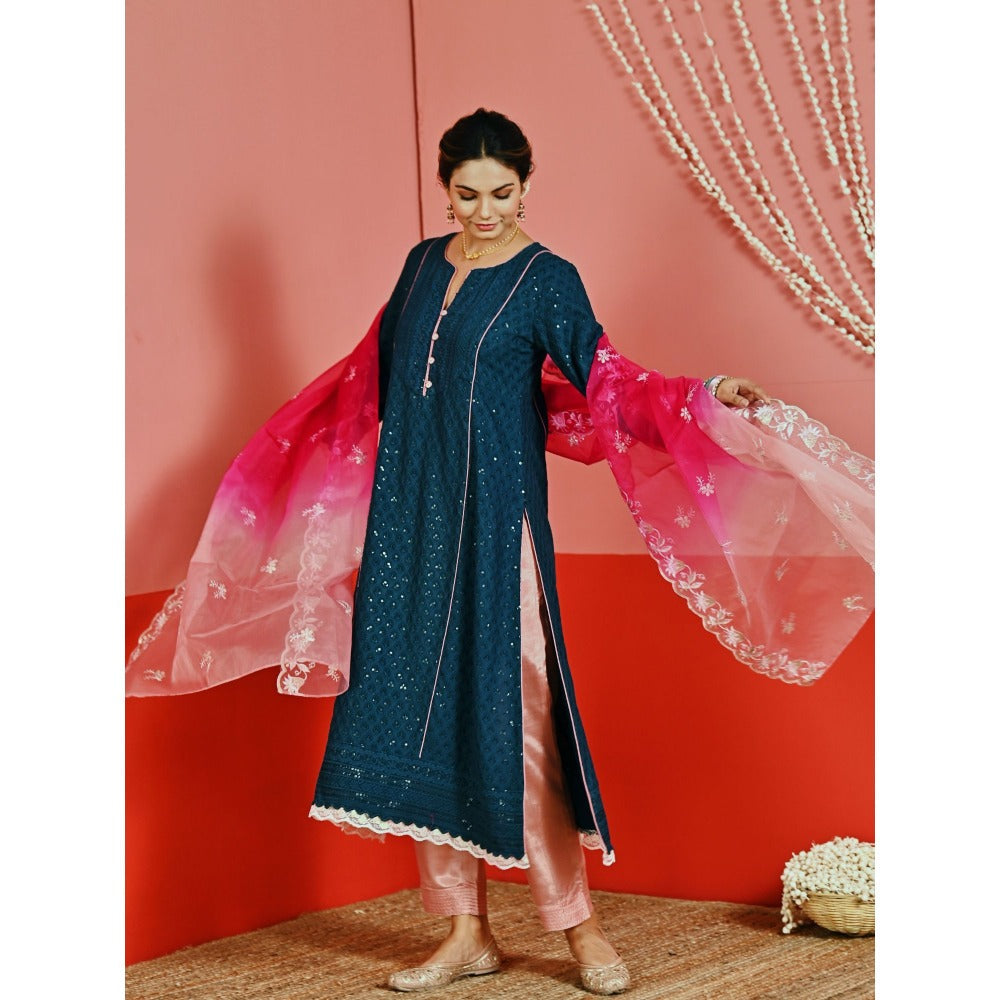 Myaara Teal Sequin Embroidered A-Line Kurta And Pant With Organza Dupatta (Set of 3)