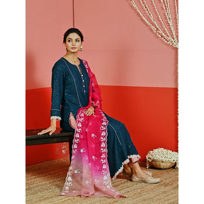 Myaara Teal Sequin Embroidered A-Line Kurta And Pant With Organza Dupatta (Set of 3)