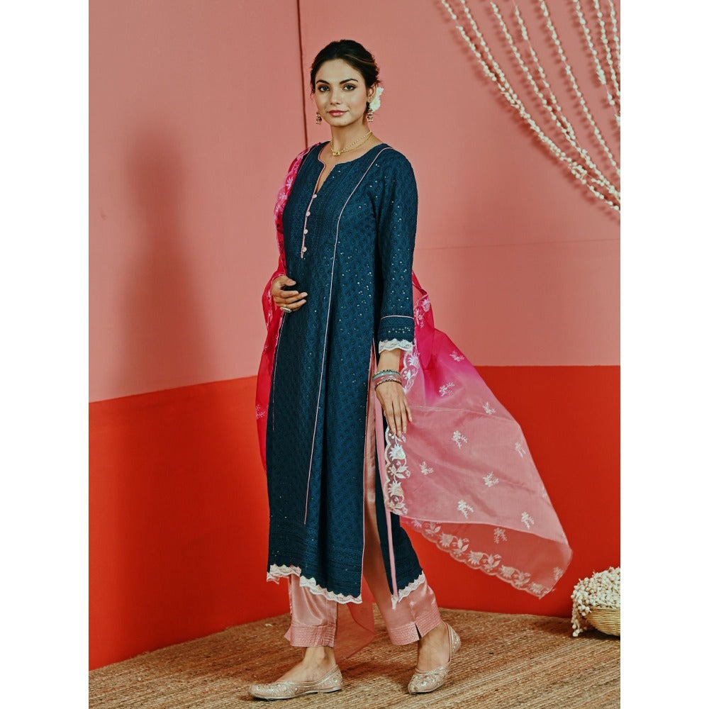 Myaara Teal Sequin Embroidered A-Line Kurta And Pant With Organza Dupatta (Set of 3)