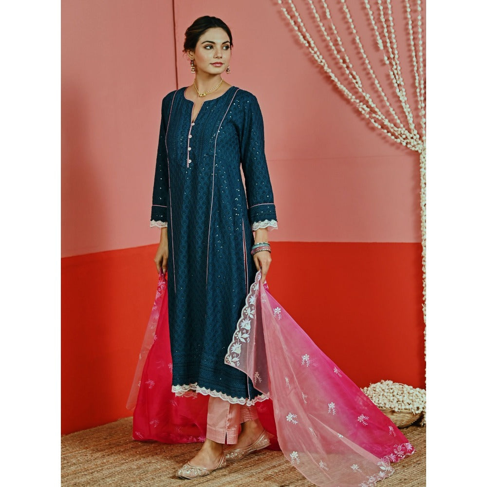 Myaara Teal Sequin Embroidered A-Line Kurta And Pant With Organza Dupatta (Set of 3)