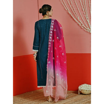 Myaara Teal Sequin Embroidered A-Line Kurta And Pant With Organza Dupatta (Set of 3)
