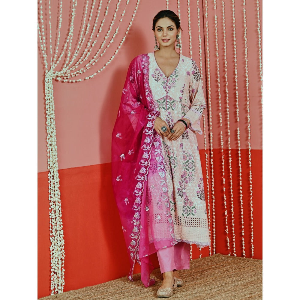 Myaara Pink Printed Self-Embroidered Cotton Kurta And Pant With Organza Dupatta (Set of 3)