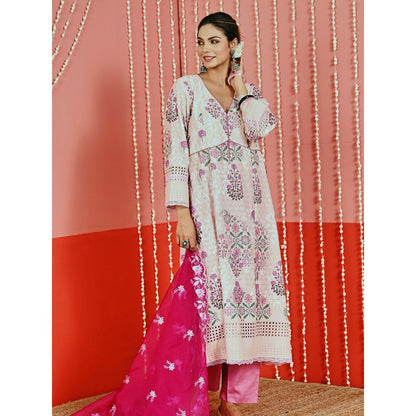 Myaara Pink Printed Self-Embroidered Cotton Kurta And Pant With Organza Dupatta (Set of 3)