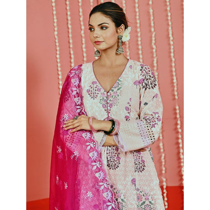 Myaara Pink Printed Self-Embroidered Cotton Kurta And Pant With Organza Dupatta (Set of 3)
