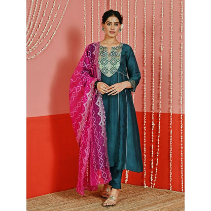 Myaara Teal Embroidered Silk Blend Ethnic Kurta And Pant With Organza Dupatta (Set of 3)