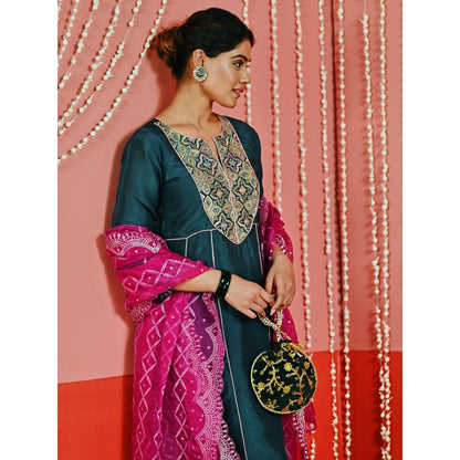 Myaara Teal Embroidered Silk Blend Ethnic Kurta And Pant With Organza Dupatta (Set of 3)