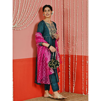 Myaara Teal Embroidered Silk Blend Ethnic Kurta And Pant With Organza Dupatta (Set of 3)