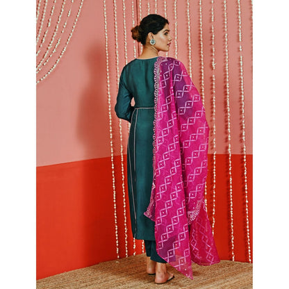 Myaara Teal Embroidered Silk Blend Ethnic Kurta And Pant With Organza Dupatta (Set of 3)