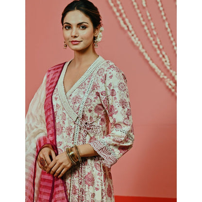 Myaara Off-White Printed Cotton Ethnic Angarkha Kurta And Pant With Ombre Dupatta (Set of 3)