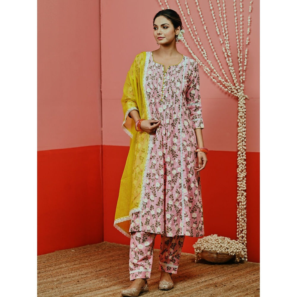 Myaara Pink Printed Cotton Kurta And Pant With Lace-Details And Kota Dupatta (Set of 3)