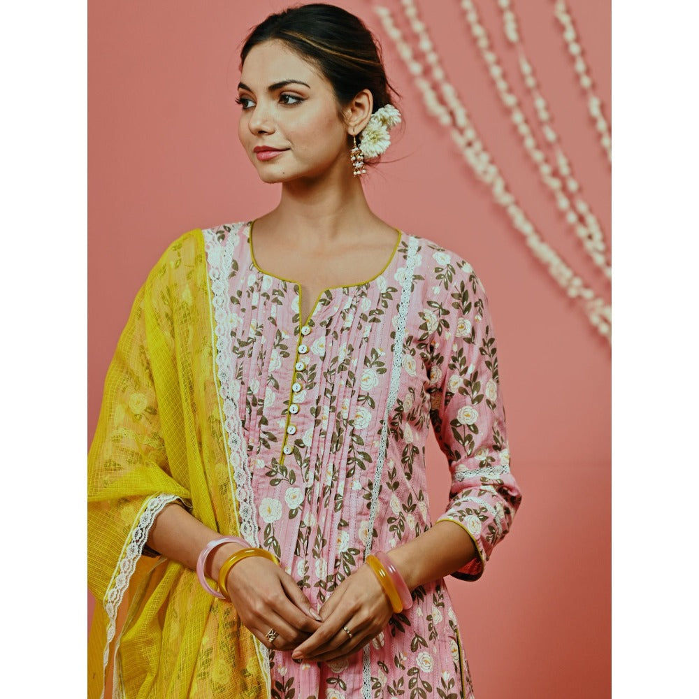 Myaara Pink Printed Cotton Kurta And Pant With Lace-Details And Kota Dupatta (Set of 3)