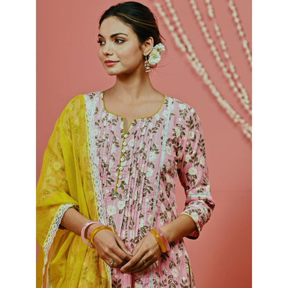 Myaara Pink Printed Cotton Kurta And Pant With Lace-Details And Kota Dupatta (Set of 3)