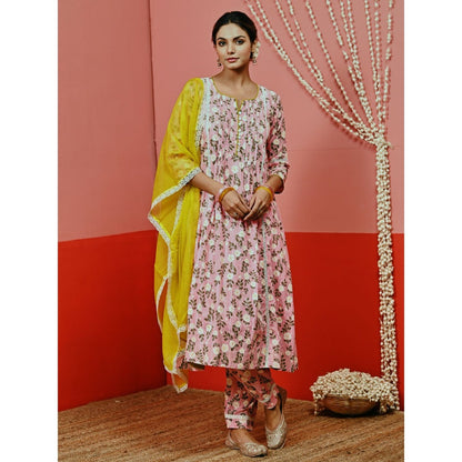 Myaara Pink Printed Cotton Kurta And Pant With Lace-Details And Kota Dupatta (Set of 3)