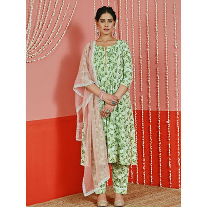 Myaara Mint Printed Cotton Kurta And Pant With Lace-Details And Kota Dupatta (Set of 3)