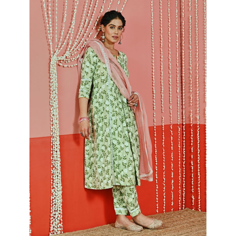 Myaara Mint Printed Cotton Kurta And Pant With Lace-Details And Kota Dupatta (Set of 3)
