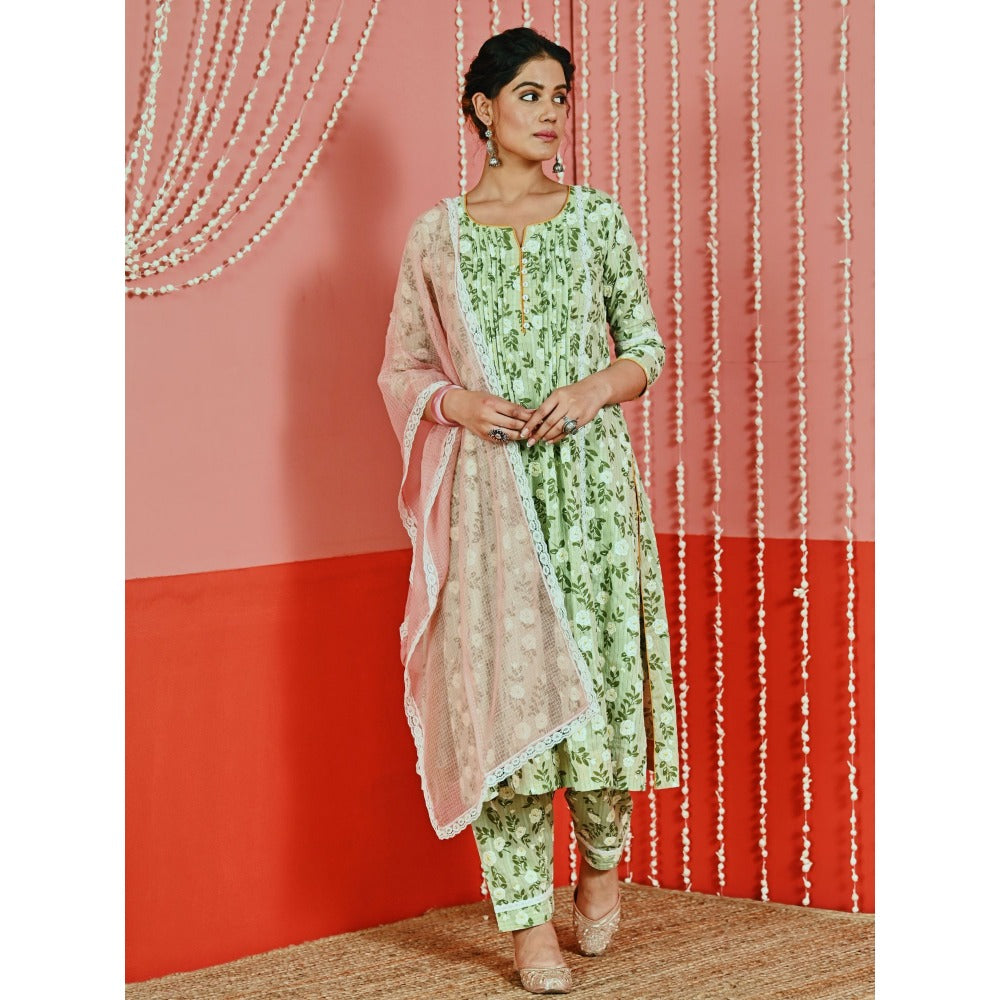 Myaara Mint Printed Cotton Kurta And Pant With Lace-Details And Kota Dupatta (Set of 3)