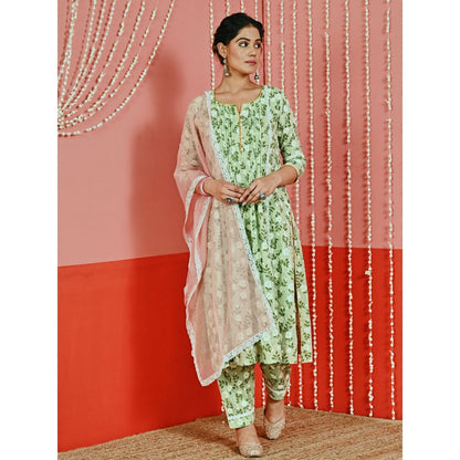 Myaara Mint Printed Cotton Kurta And Pant With Lace-Details And Kota Dupatta (Set of 3)