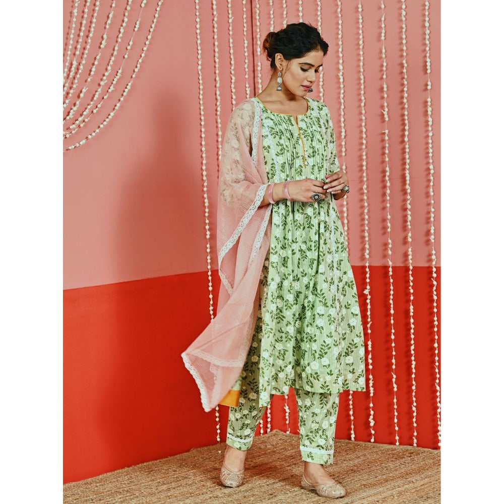 Myaara Mint Printed Cotton Kurta And Pant With Lace-Details And Kota Dupatta (Set of 3)