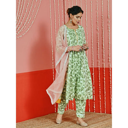 Myaara Mint Printed Cotton Kurta And Pant With Lace-Details And Kota Dupatta (Set of 3)