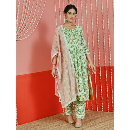 Myaara Mint Printed Cotton Kurta And Pant With Lace-Details And Kota Dupatta (Set of 3)