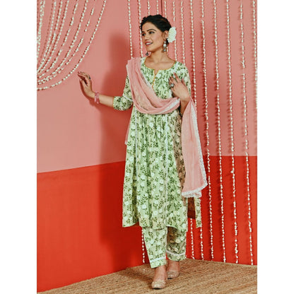 Myaara Mint Printed Cotton Kurta And Pant With Lace-Details And Kota Dupatta (Set of 3)