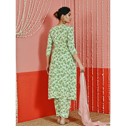 Myaara Mint Printed Cotton Kurta And Pant With Lace-Details And Kota Dupatta (Set of 3)