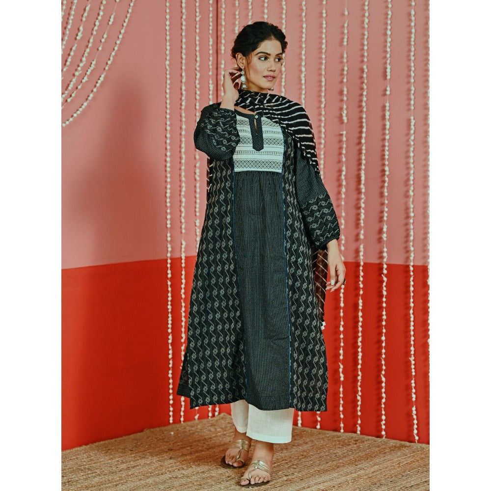 Myaara Black Kantha Cotton Kurta And Pant With Leheriya Chiffon Dupatta (Set of 3)