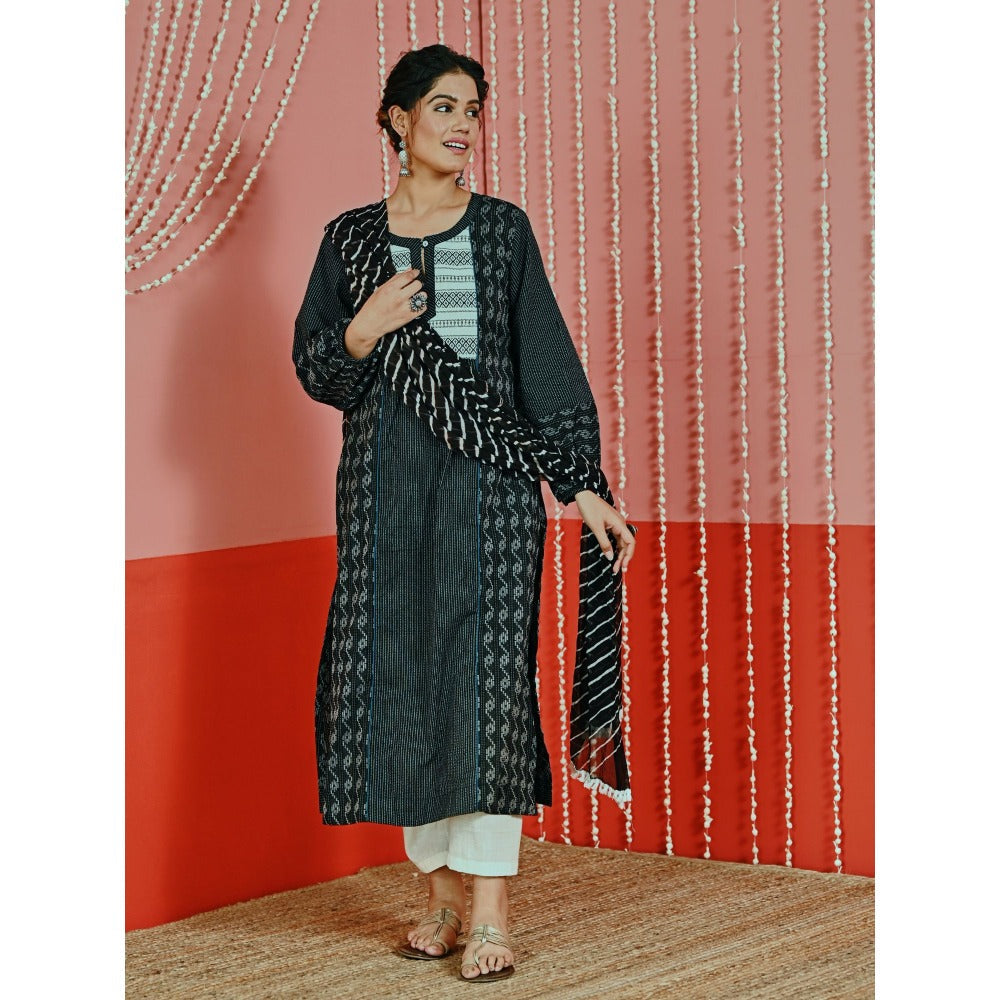 Myaara Black Kantha Cotton Kurta And Pant With Leheriya Chiffon Dupatta (Set of 3)