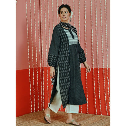 Myaara Black Kantha Cotton Kurta And Pant With Leheriya Chiffon Dupatta (Set of 3)