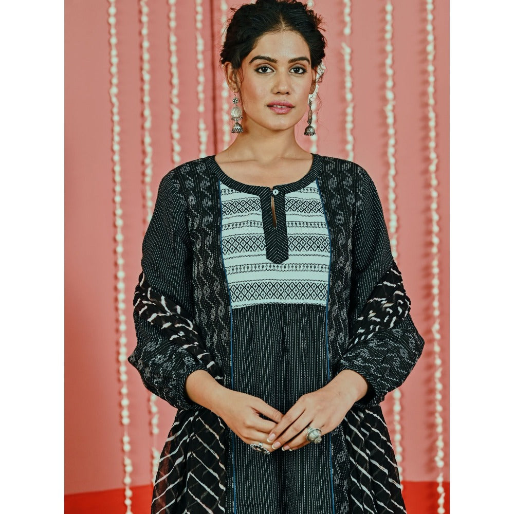 Myaara Black Kantha Cotton Kurta And Pant With Leheriya Chiffon Dupatta (Set of 3)