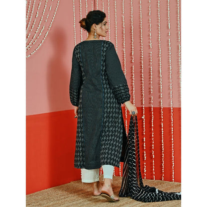 Myaara Black Kantha Cotton Kurta And Pant With Leheriya Chiffon Dupatta (Set of 3)