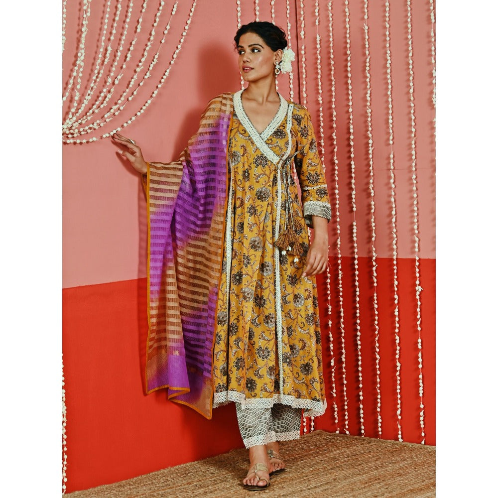 Myaara Mustard Printed Cotton Ethnic Angarkha Kurta And Pant With Ombre Dupatta (Set of 3)