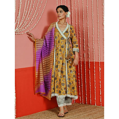 Myaara Mustard Printed Cotton Ethnic Angarkha Kurta And Pant With Ombre Dupatta (Set of 3)