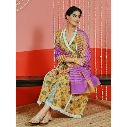 Myaara Mustard Printed Cotton Ethnic Angarkha Kurta And Pant With Ombre Dupatta (Set of 3)