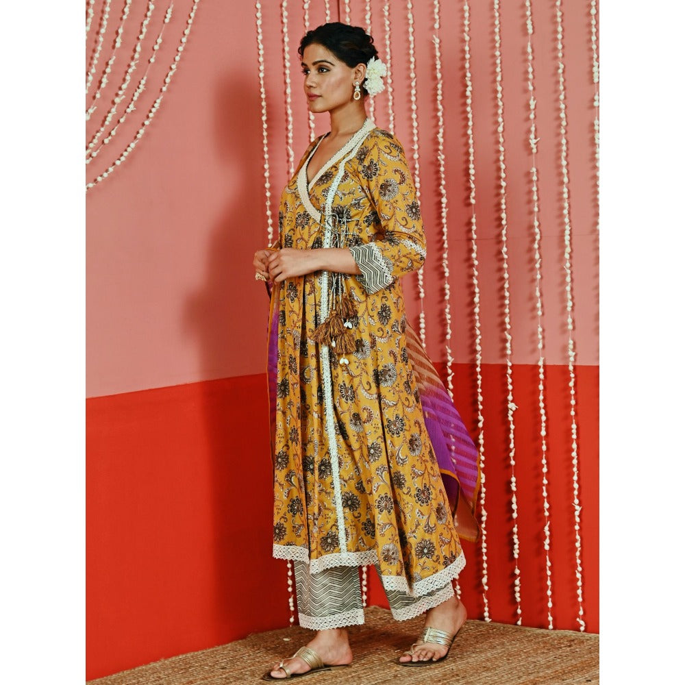 Myaara Mustard Printed Cotton Ethnic Angarkha Kurta And Pant With Ombre Dupatta (Set of 3)