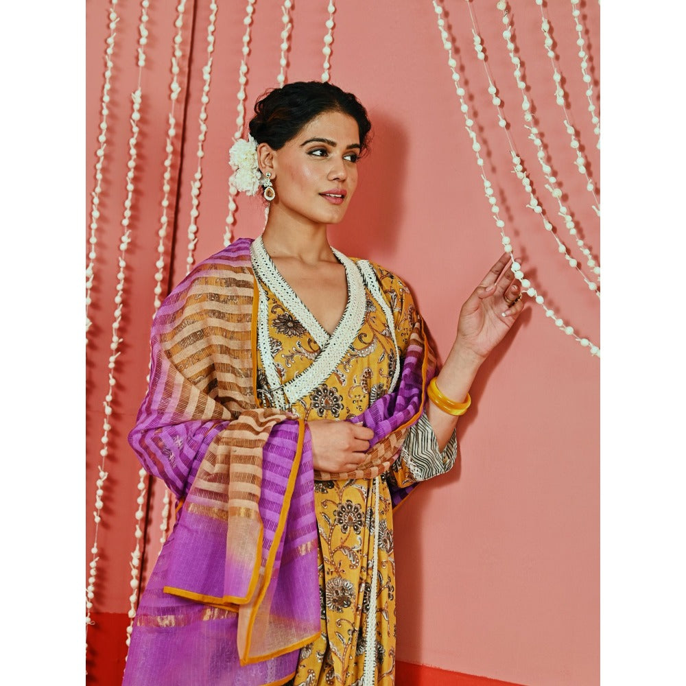 Myaara Mustard Printed Cotton Ethnic Angarkha Kurta And Pant With Ombre Dupatta (Set of 3)