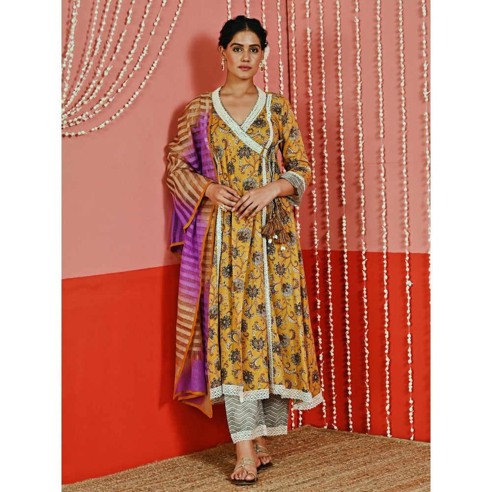 Myaara Mustard Printed Cotton Ethnic Angarkha Kurta And Pant With Ombre Dupatta (Set of 3)