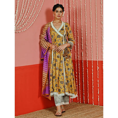 Myaara Mustard Printed Cotton Ethnic Angarkha Kurta And Pant With Ombre Dupatta (Set of 3)