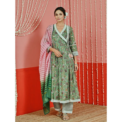 Myaara Green Printed Cotton Ethnic Angarkha Kurta And Pant With Ombre Dupatta (Set of 3)
