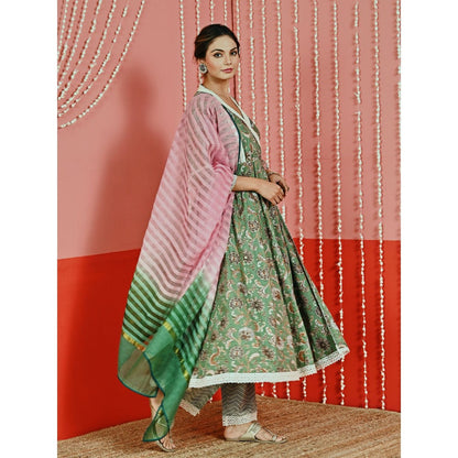 Myaara Green Printed Cotton Ethnic Angarkha Kurta And Pant With Ombre Dupatta (Set of 3)