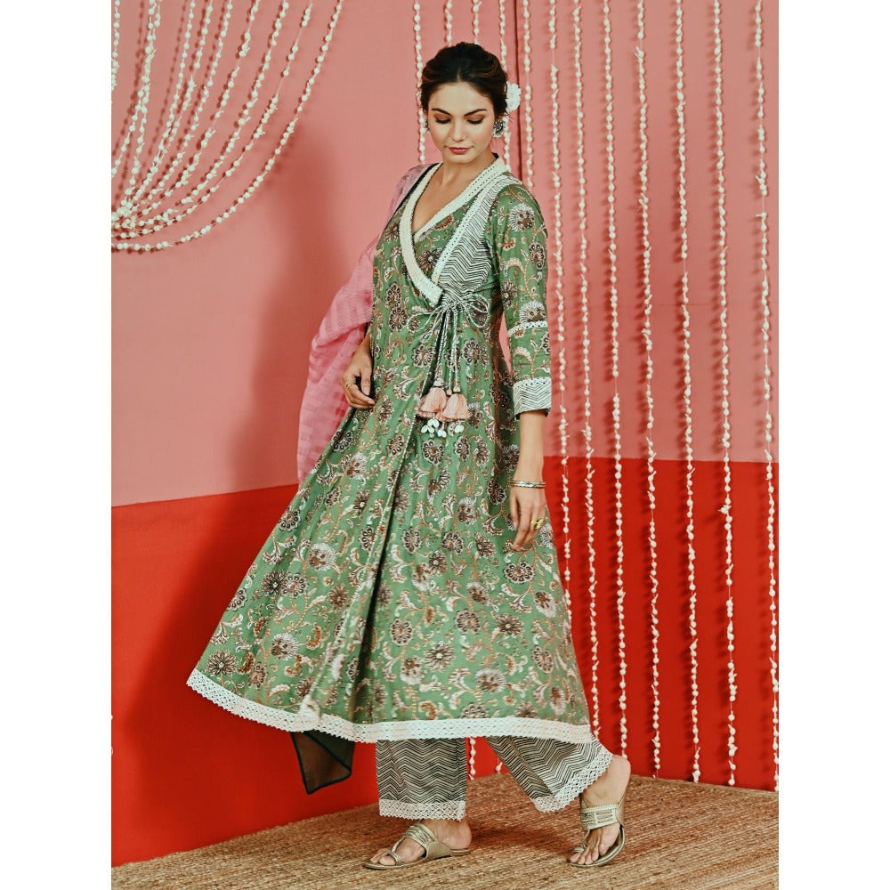 Myaara Green Printed Cotton Ethnic Angarkha Kurta And Pant With Ombre Dupatta (Set of 3)
