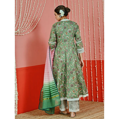 Myaara Green Printed Cotton Ethnic Angarkha Kurta And Pant With Ombre Dupatta (Set of 3)