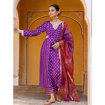 Myaara Purple Embroidered Zari A-Line Kurta with Pant and Organza Dupatta (Set of 3)