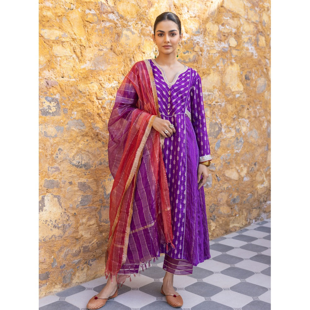 Myaara Purple Embroidered Zari A-Line Kurta with Pant and Organza Dupatta (Set of 3)