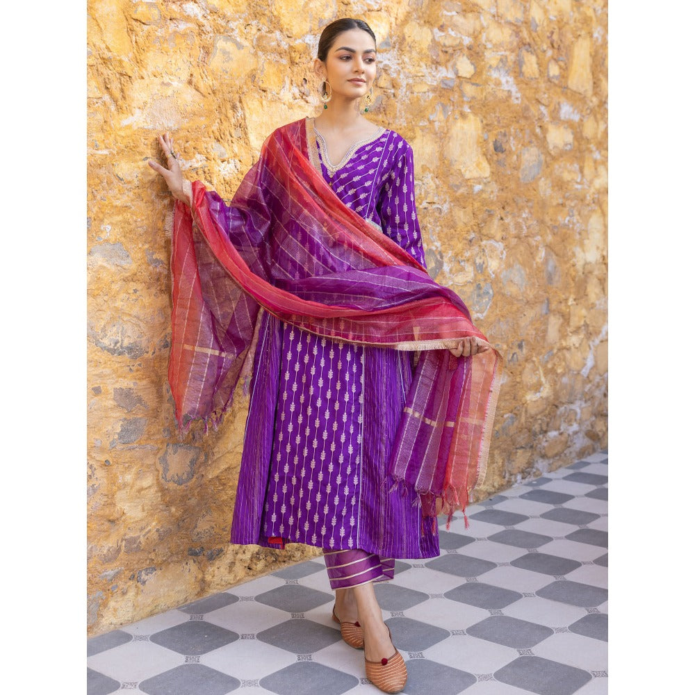 Myaara Purple Embroidered Zari A-Line Kurta with Pant and Organza Dupatta (Set of 3)
