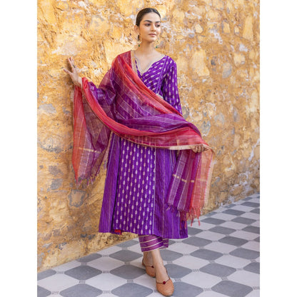 Myaara Purple Embroidered Zari A-Line Kurta with Pant and Organza Dupatta (Set of 3)