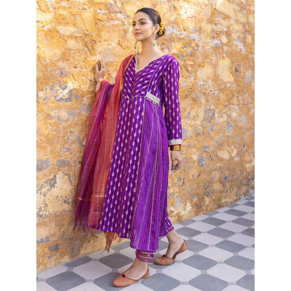 Myaara Purple Embroidered Zari A-Line Kurta with Pant and Organza Dupatta (Set of 3)