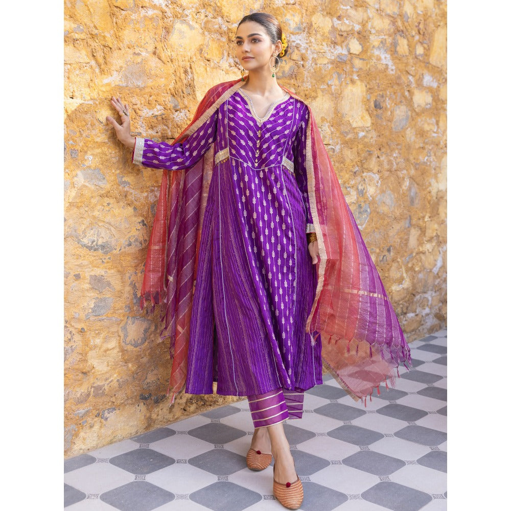 Myaara Purple Embroidered Zari A-Line Kurta with Pant and Organza Dupatta (Set of 3)