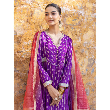 Myaara Purple Embroidered Zari A-Line Kurta with Pant and Organza Dupatta (Set of 3)