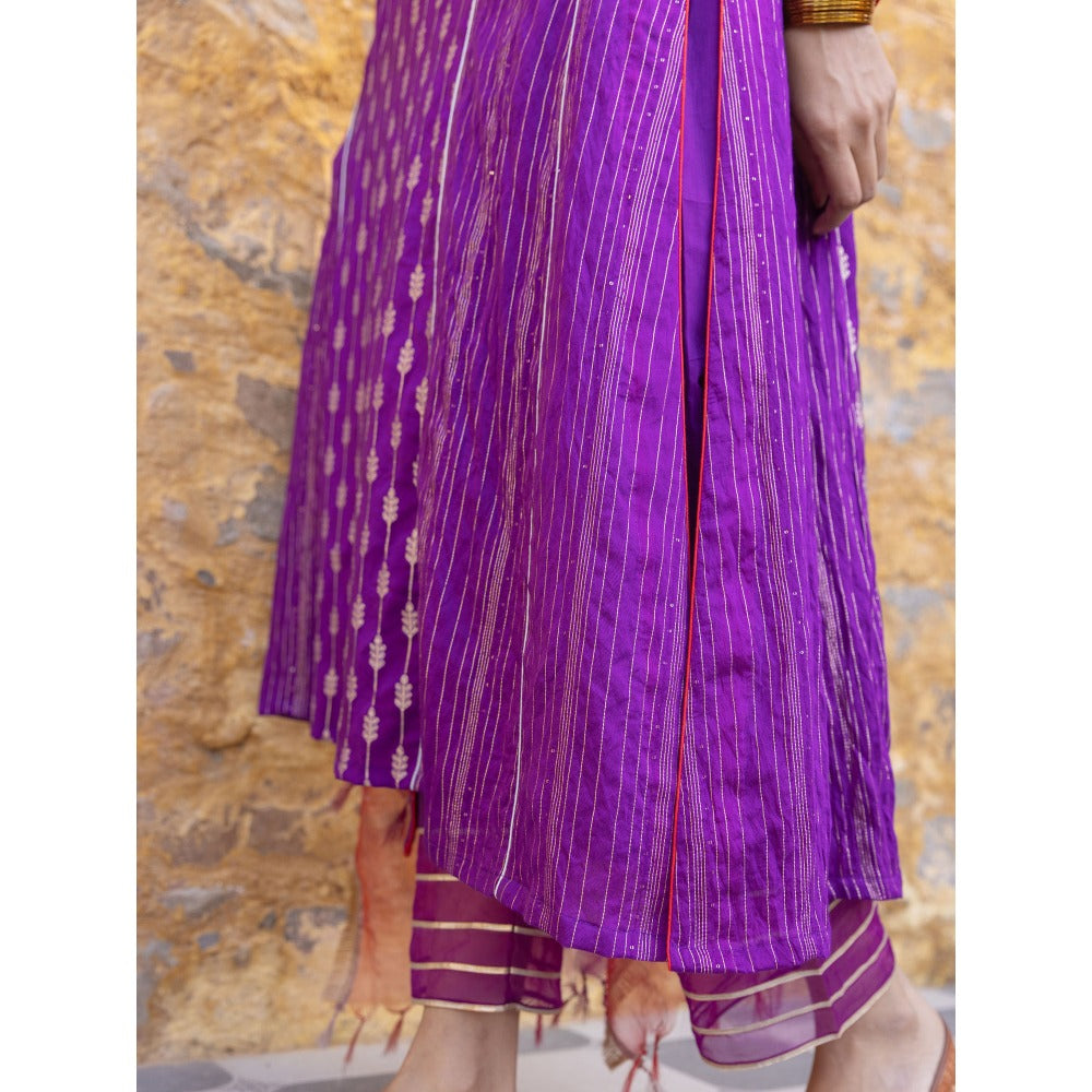 Myaara Purple Embroidered Zari A-Line Kurta with Pant and Organza Dupatta (Set of 3)